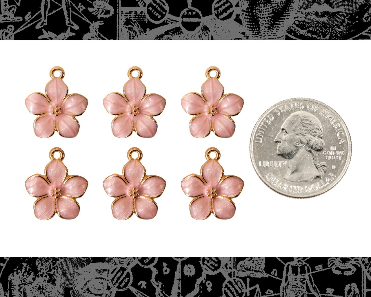 Gold Finish and Pink Enamel Flower Charms - Set of Six - XXX - ZG-C57